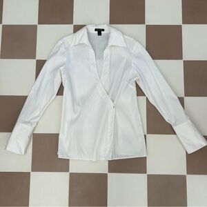 St. John Cotton Blend White Wrap Long Sleeve French Cuff V-Neck Top Size 6
